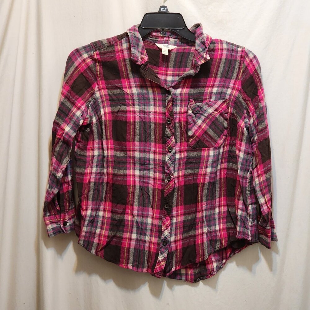 Terra & Sky Pink Plaid L/S Button Front Short Top 1X 16W 18W